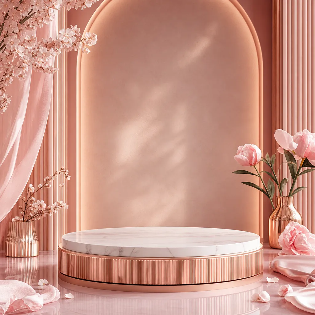 Elegant Pink Marble Podium with Rose Gold Base｜AI Image Generation Prompts