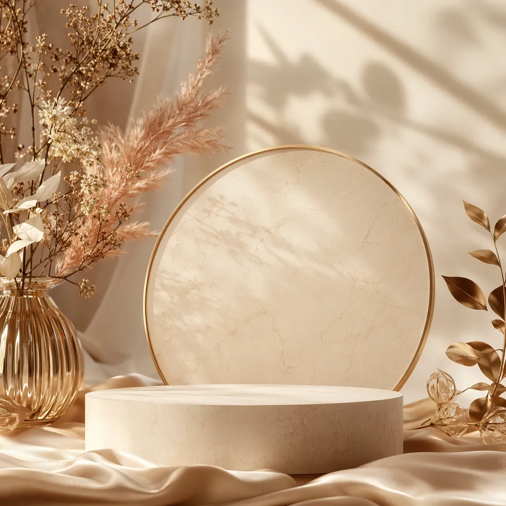 Elegant marble podium with gold rim and dried flowers｜AI Image Generation Prompts