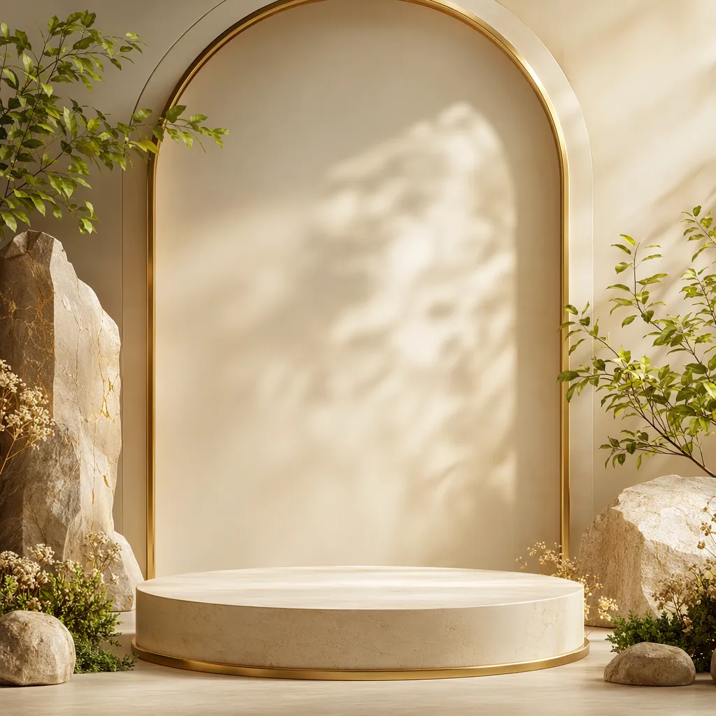 Beige Round Podium with Gold Arch and Natural Elements｜AI Image Generation Prompts