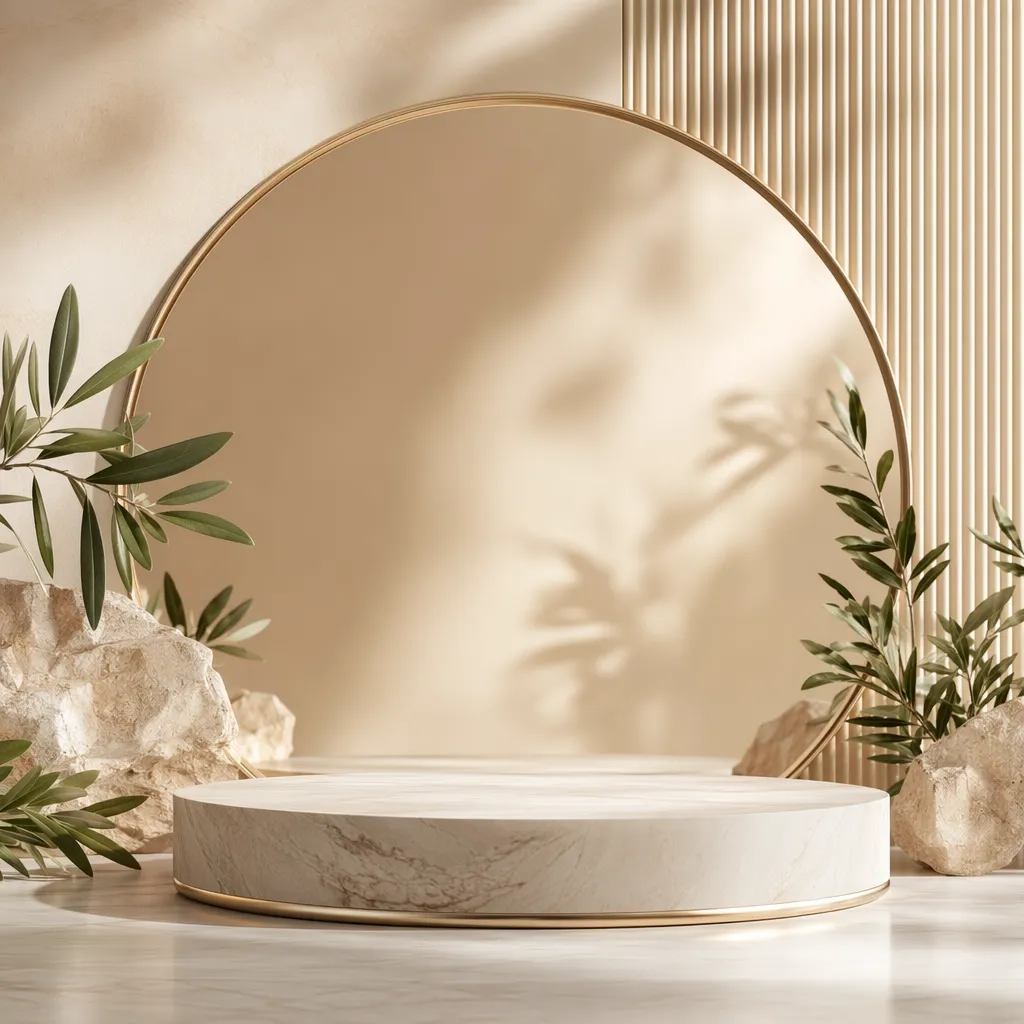 Minimalist marble podium with gold frame and plants｜AI Image Generation Prompts