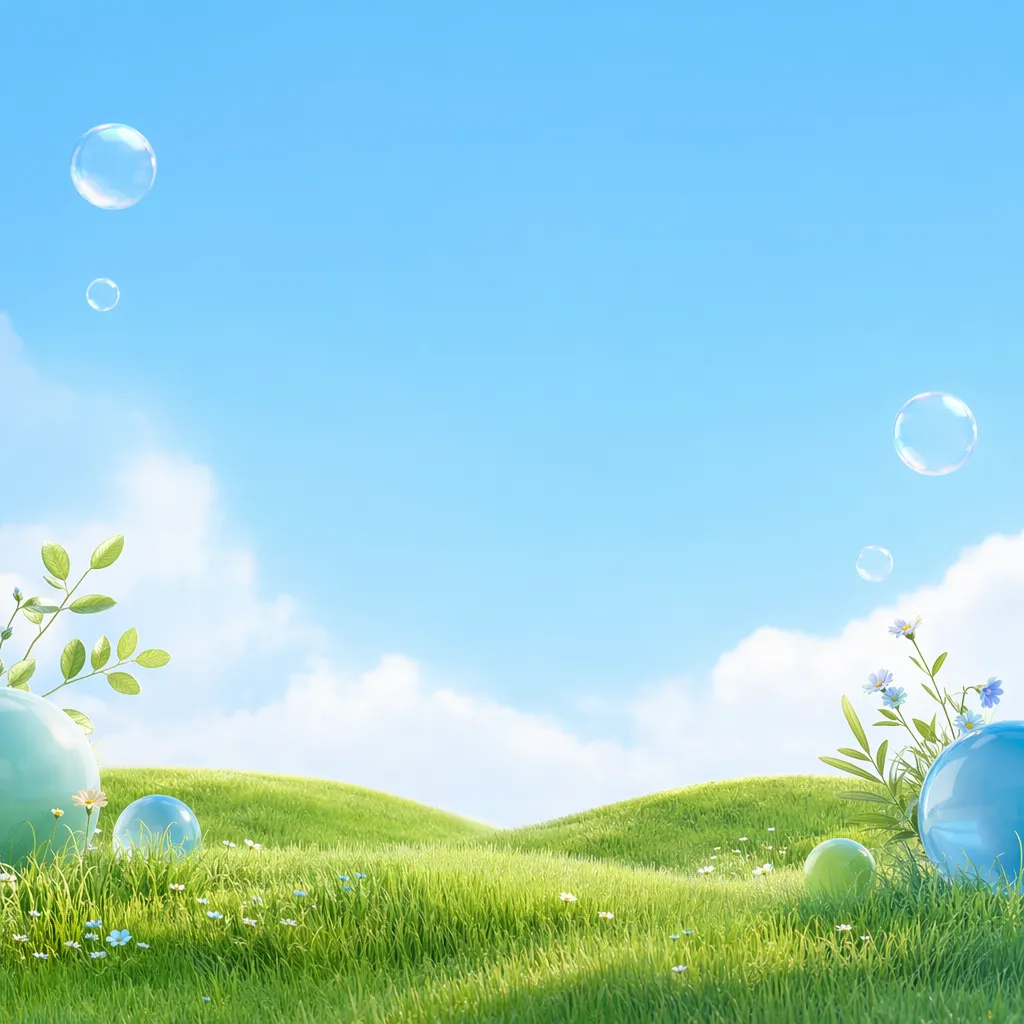Green grassy hills with floating bubbles under blue sky｜AI Image Generation Prompts
