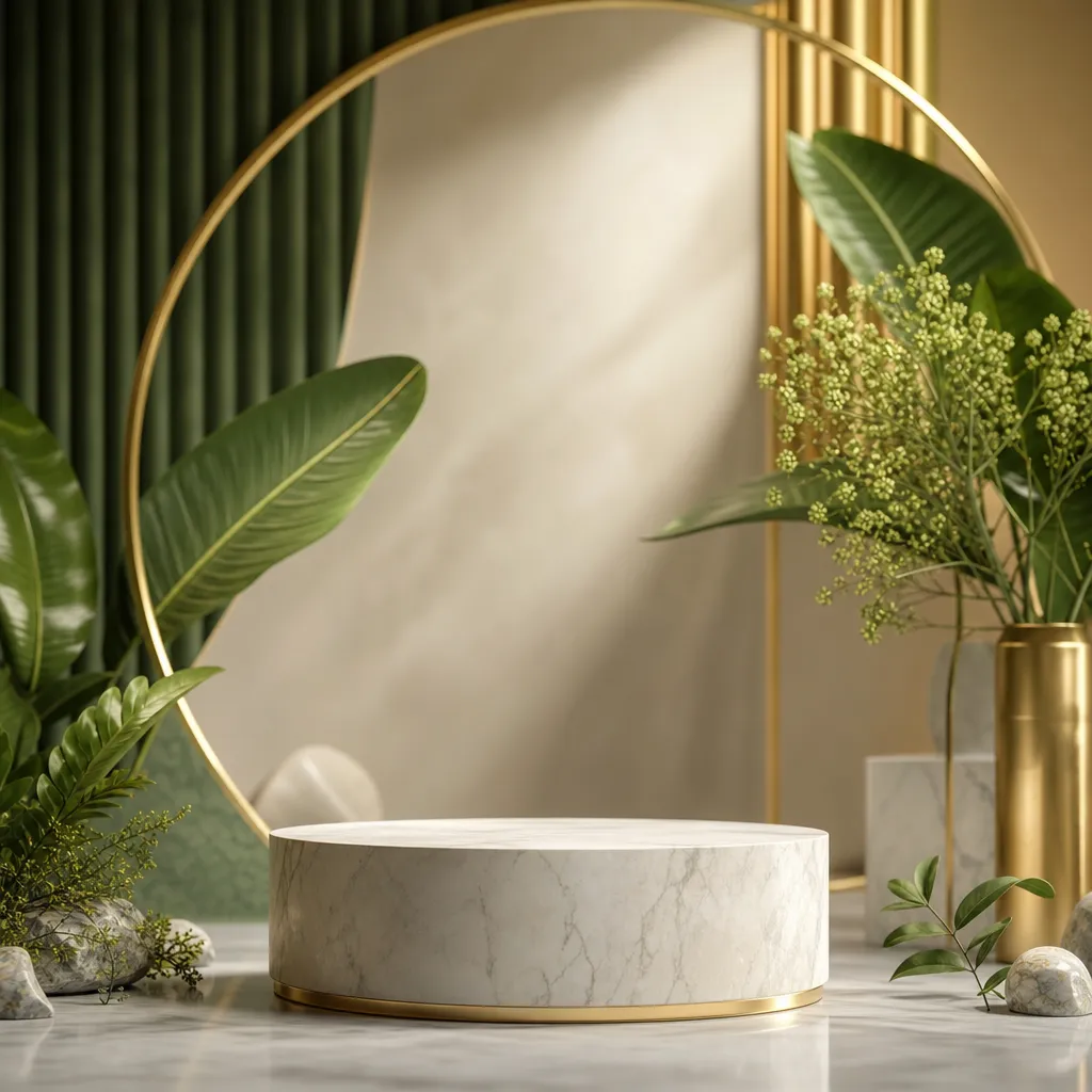 Elegant marble podium display with gold ring and plants｜AI Image Generation Prompts