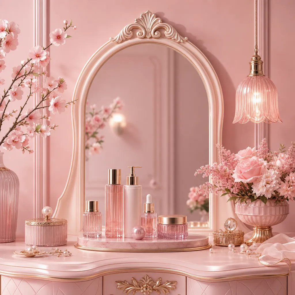 Elegant pink vanity table with cosmetics and floral decor｜AI Image Generation Prompts