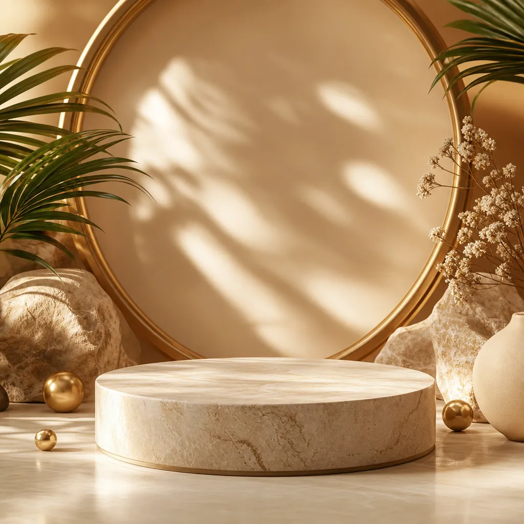 Circular marble podium with gold frame and plants｜AI Image Generation Prompts