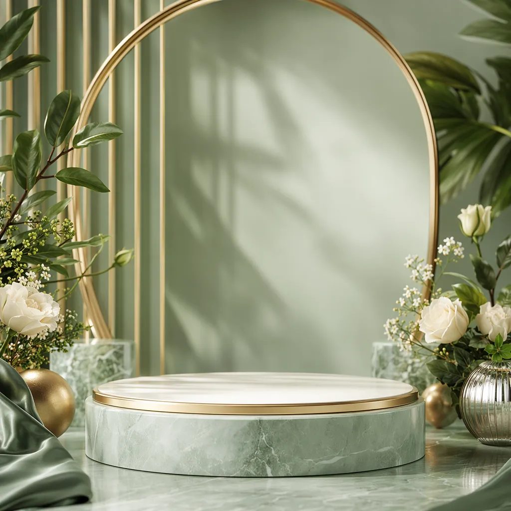 Elegant Green Marble Podium with Gold Arch and Flowers｜AI Image Generation Prompts