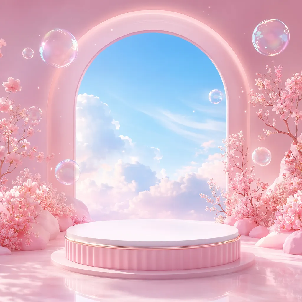 Pink 3D Podium Stage with Cherry Blossoms and Bubbles｜AI Image Generation Prompts