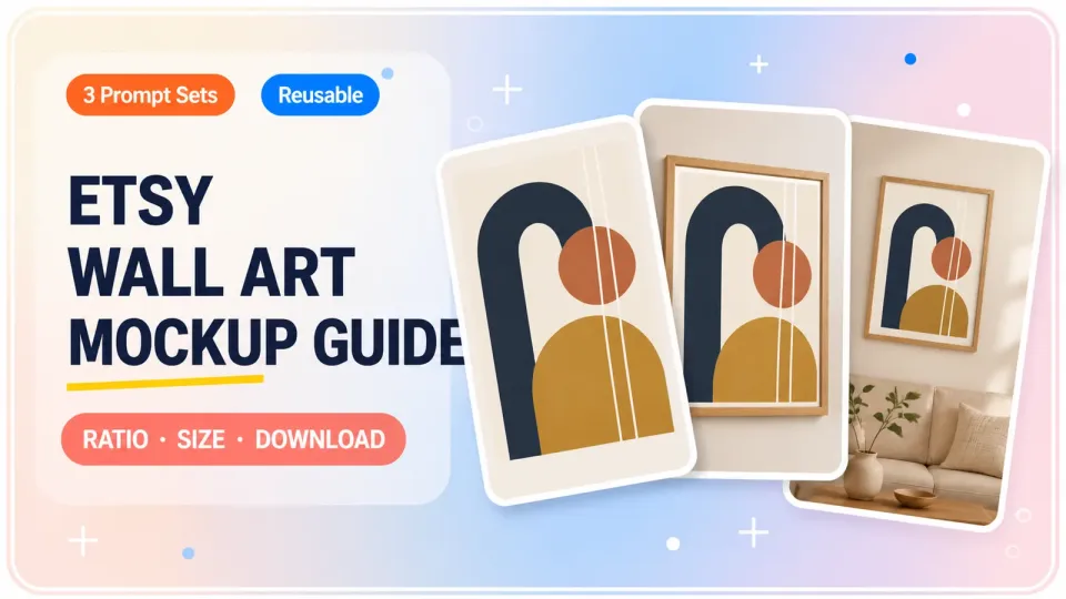 How to create an Etsy digital decorative art mockup? Frame proportions, wall dimensions, and download instructions.