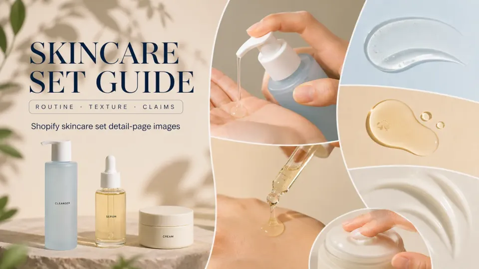 How do you create detailed product images for a Shopify skincare set? Show the application sequence, texture, and highlight the product’s key benefits.