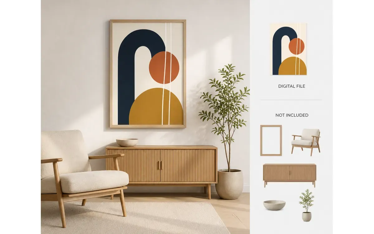数字装饰画作品在画框 Mockup 中展示并明确区分下载文件和场景道具