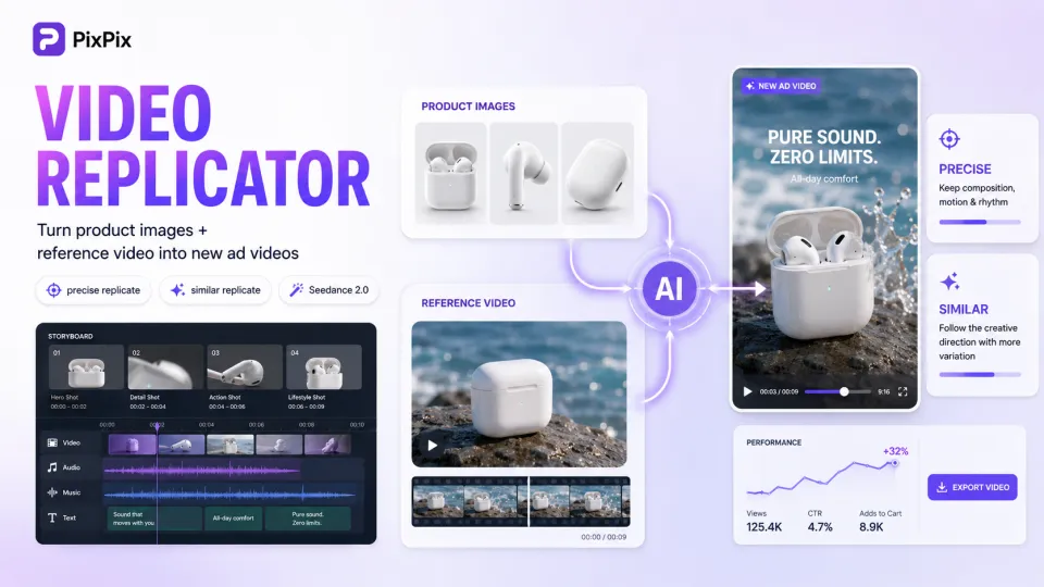 PixPix launches a video replication feature: simply upload product images and a reference video to quickly generate a product advertising video.