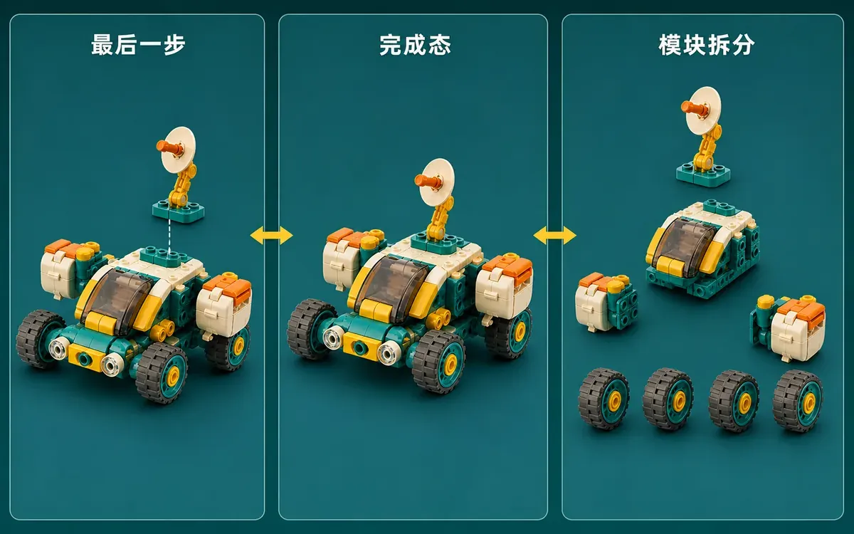 同一探测车在仅剩天线待装完整完成态和模块拆分三种状态间回归核对