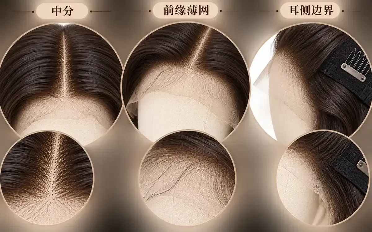 蕾丝前额假发的发际线边界中部分缝和耳侧蕾丝三处近景