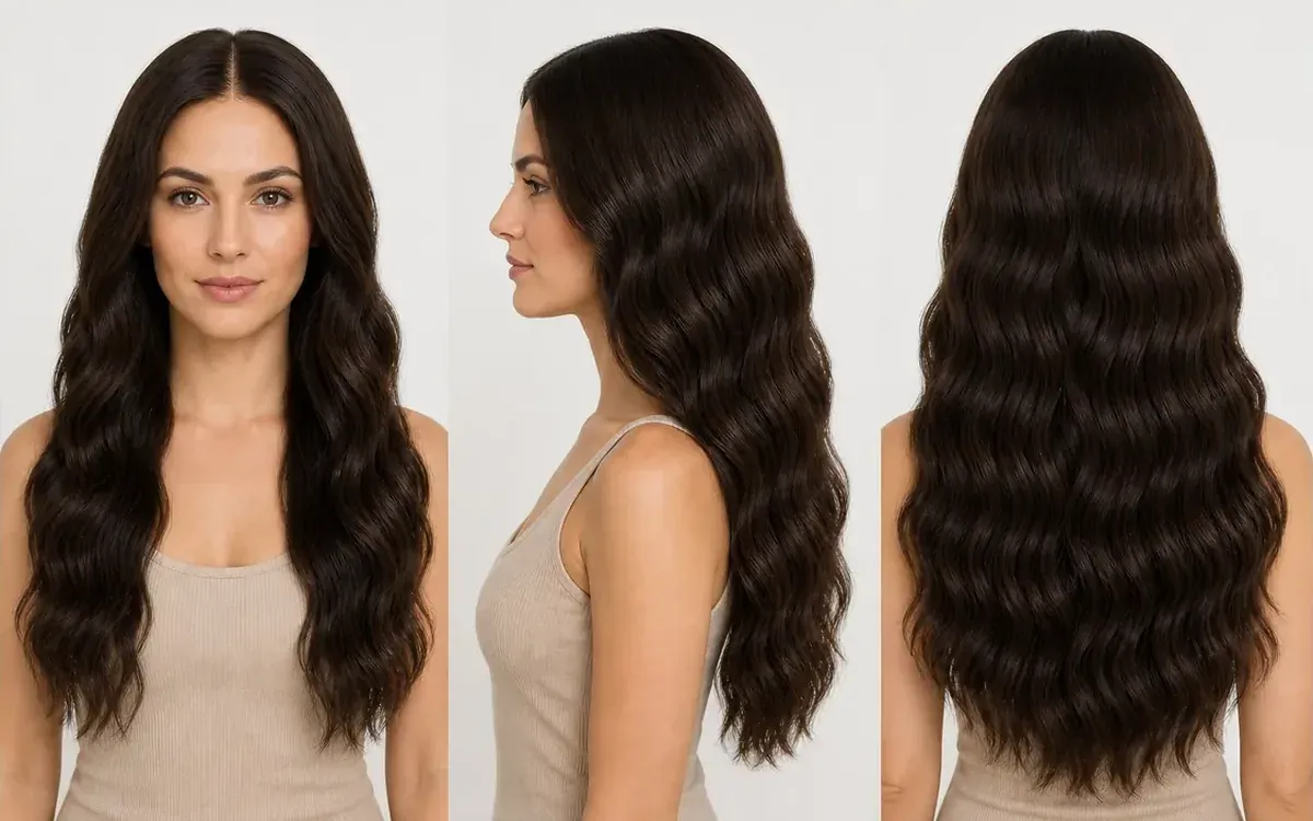 成年非亚洲女模特佩戴深棕色波浪假发的正面侧面和背面图