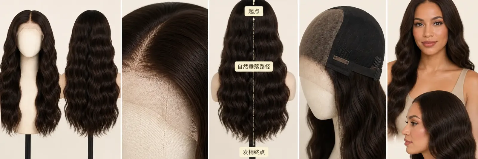 假发白底本体发际线蕾丝长度帽体和模特佩戴五类信息图