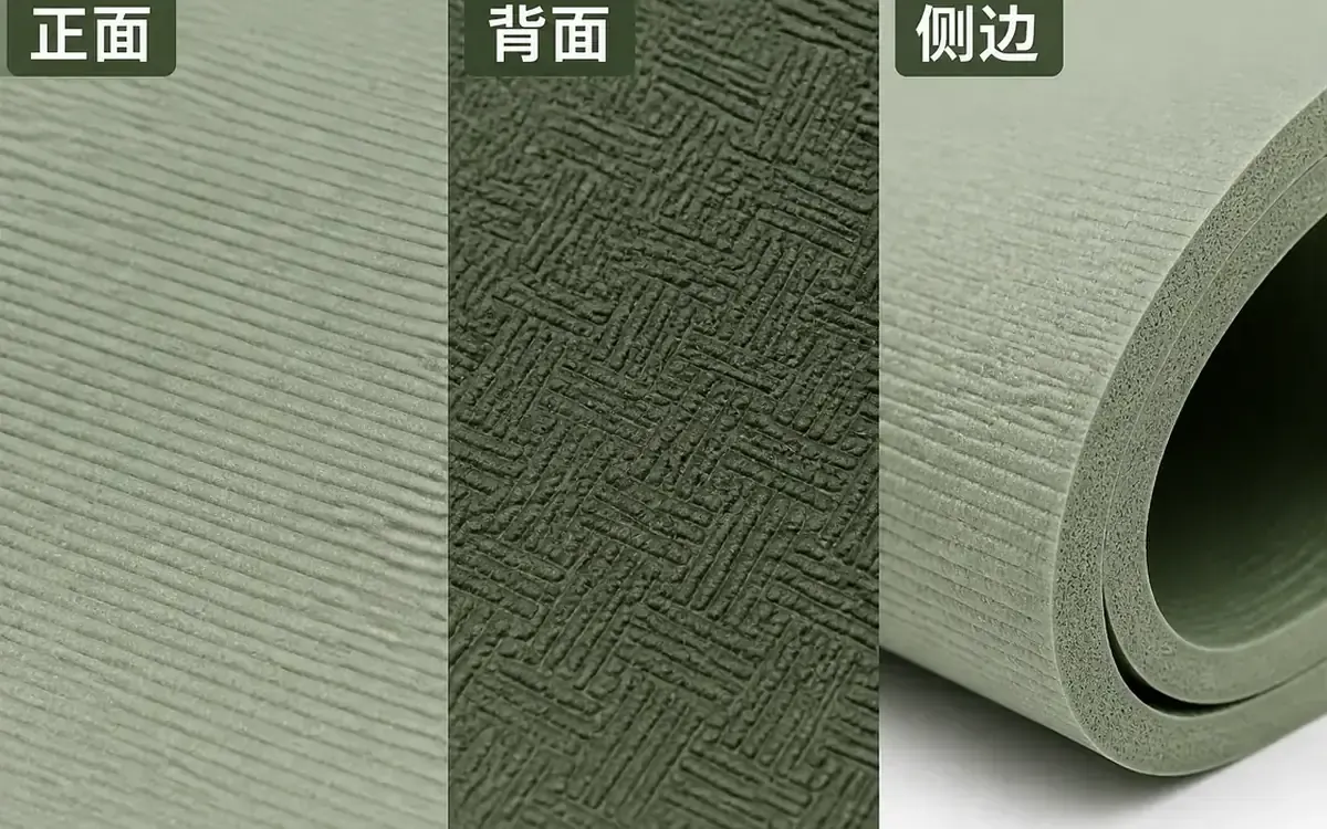 瑜伽垫正面细纹背面防滑纹和多层侧边三种局部近景