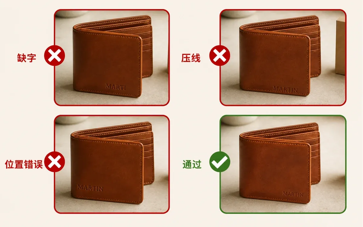 定制钱包订单预览的通过与退回条件 正确预览与字符缺失碰到缝线位置错误三种退回示例对照