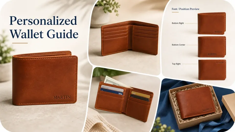 How to create product images for custom leather wallets on Etsy? A guide to engraving previews, font placement, and interior card slots.