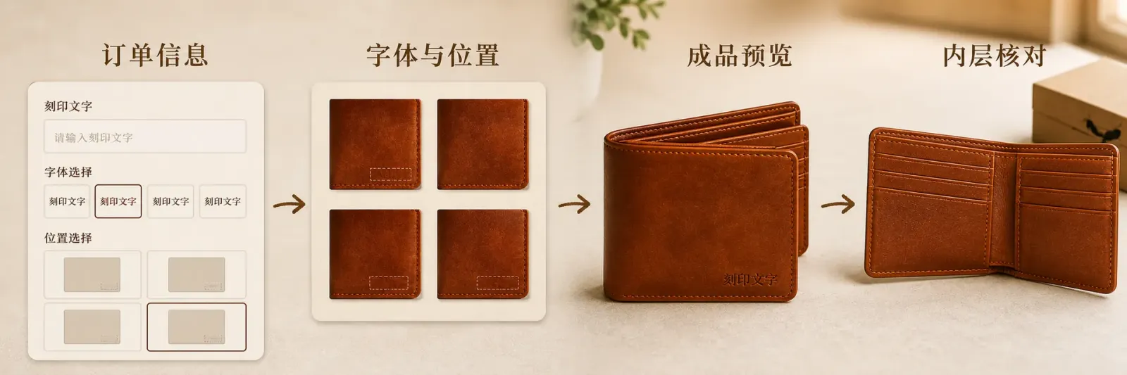 定制皮革钱包从订单输入到成品预览的决策路径 买家输入字符选择字体和刻字位置后核对钱包外观与内层卡位的流程