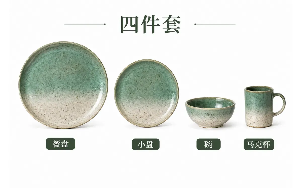 陶瓷四件套销售内容确认图 餐盘小盘碗和马克杯各一件组成的陶瓷四件套平铺合照