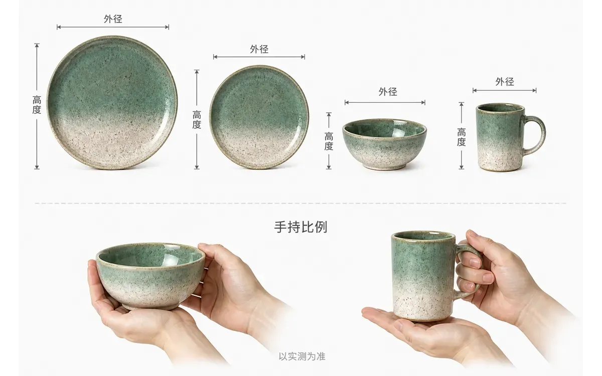 陶瓷餐具尺寸测量与手持比例 陶瓷餐盘碗和马克杯的外径高度测量箭头与成年人手持比例