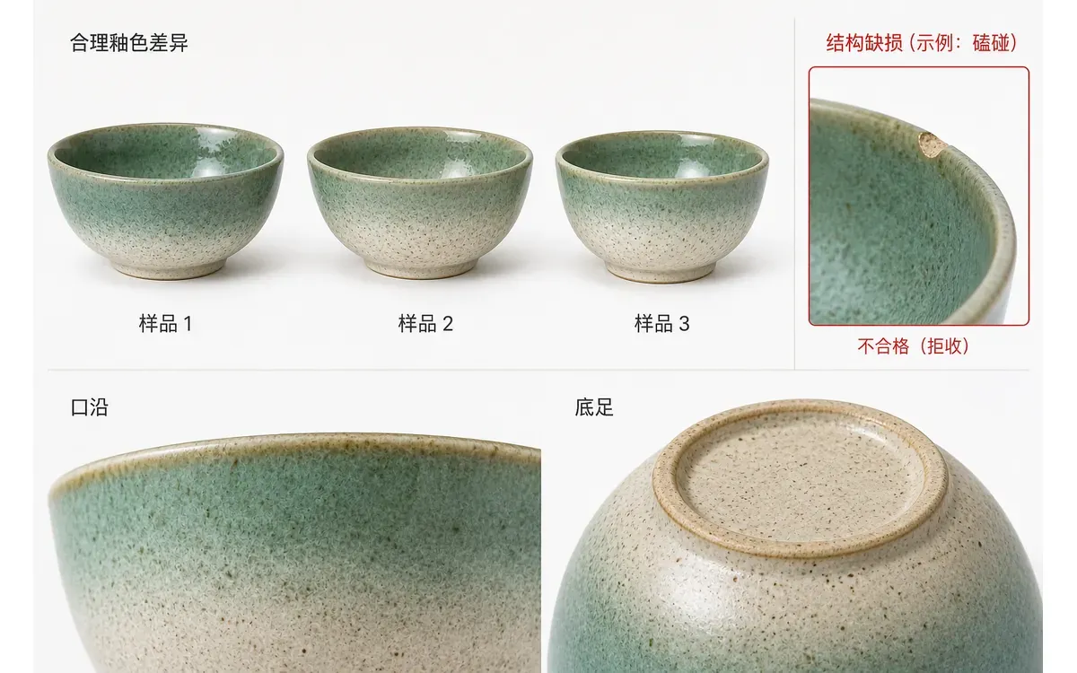 陶瓷手作差异与结构瑕疵判定 同款陶瓷碗在统一光线下的合理釉色变化和口沿底足近景