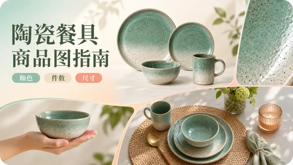 How to list a ceramic dinnerware set on Etsy? A guide to product images, including quantity, glaze color, and size ratios.