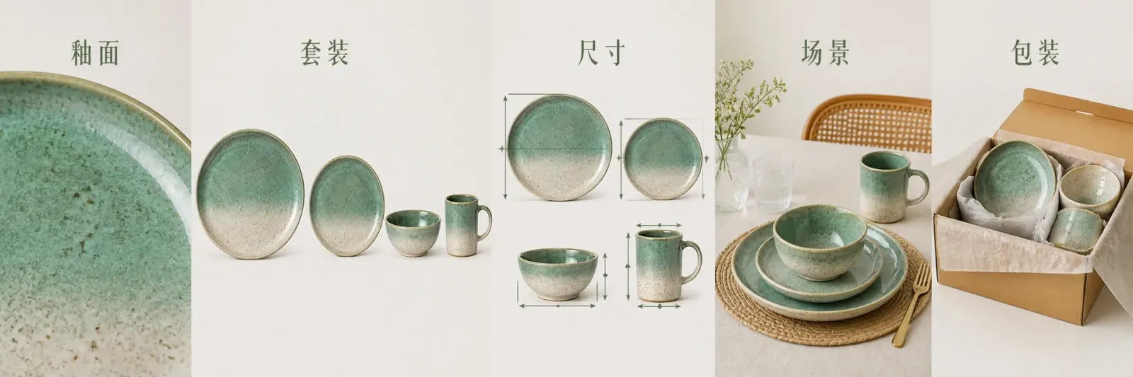 手作陶瓷从釉面判定到套装展示的路径 陶瓷口沿釉面差异结构瑕疵套装件数尺寸场景和叠放包装判定图