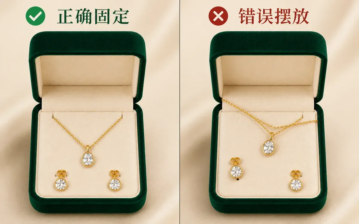 同一礼盒内正确与错误摆放对照 同一绿色礼盒中项链与耳钉按固定点正确收纳和链条交叉悬空的错误摆放并列展示