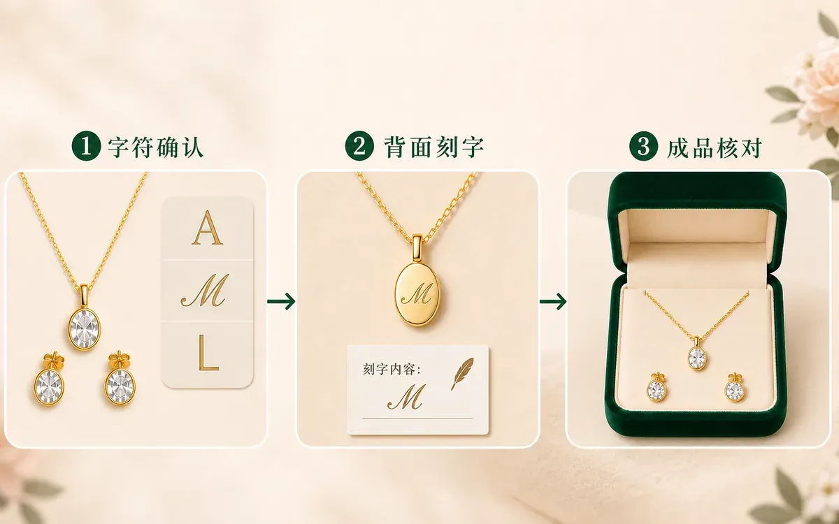 同款宝石礼赠套装的刻字确认流程 同款椭圆宝石吊坠与耳钉套装从字符确认背面刻字到礼盒成品核对的流程