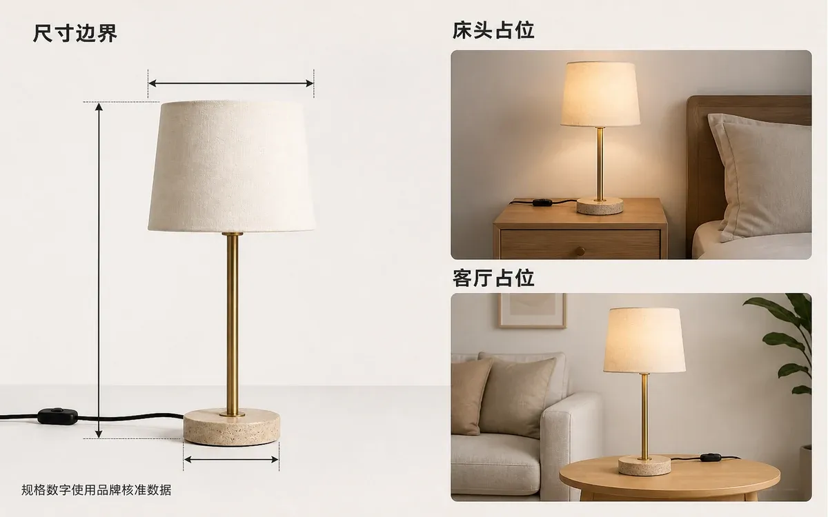 家居灯具尺寸量点与空间占位示意 家居灯具尺寸箭头与量点示意,和床头、客厅场景并列展示视觉占位