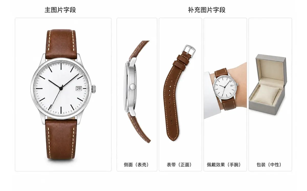 Google Merchant Center 手表主图与补充图字段 手表主图字段和表壳表带佩戴包装场景补充图片字段的分配示意