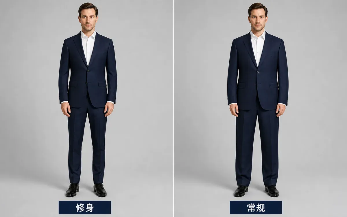 男装西装不同版型的同条件比较示意 同款男装西装由同一位模特以相同姿势分别展示修身与常规两种版型