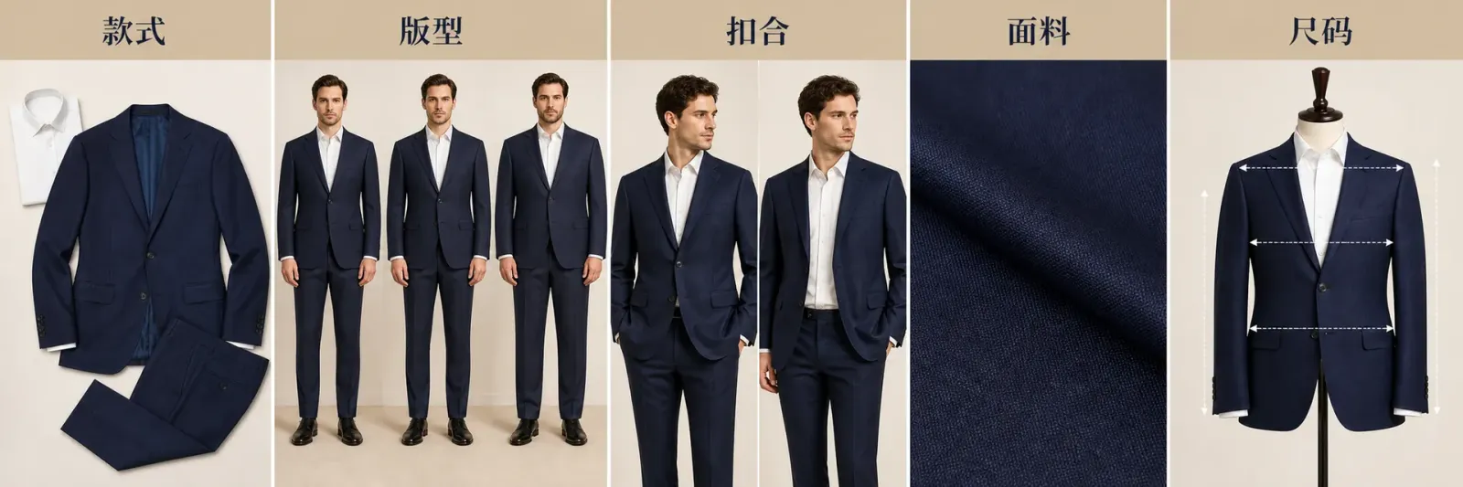 Shopify 男装西装的买家选款路径 男装西装从款式识别版型比较扣合面料到尺码选择的商品图路径
