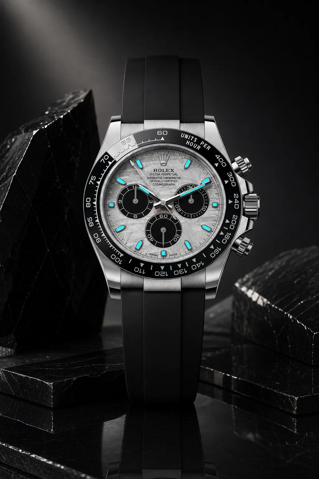 Rolex Daytona Watch with Meteorite Dial and Black Strap｜AI Image Generation Prompts