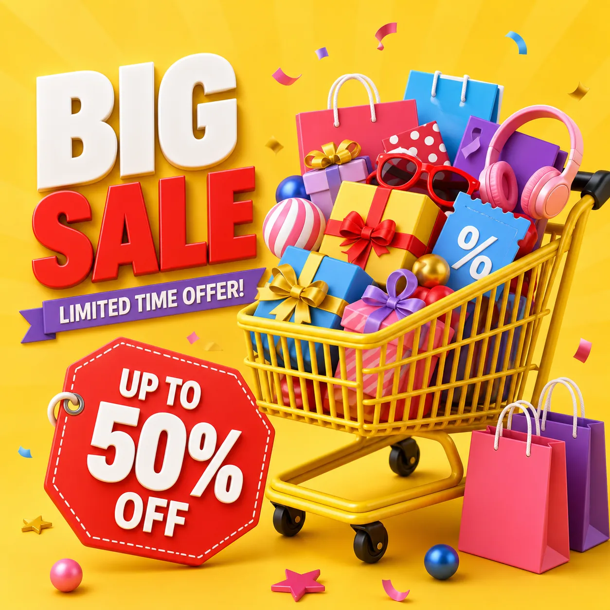 Yellow shopping cart with gifts and sale tag｜AI Image Generation Prompts