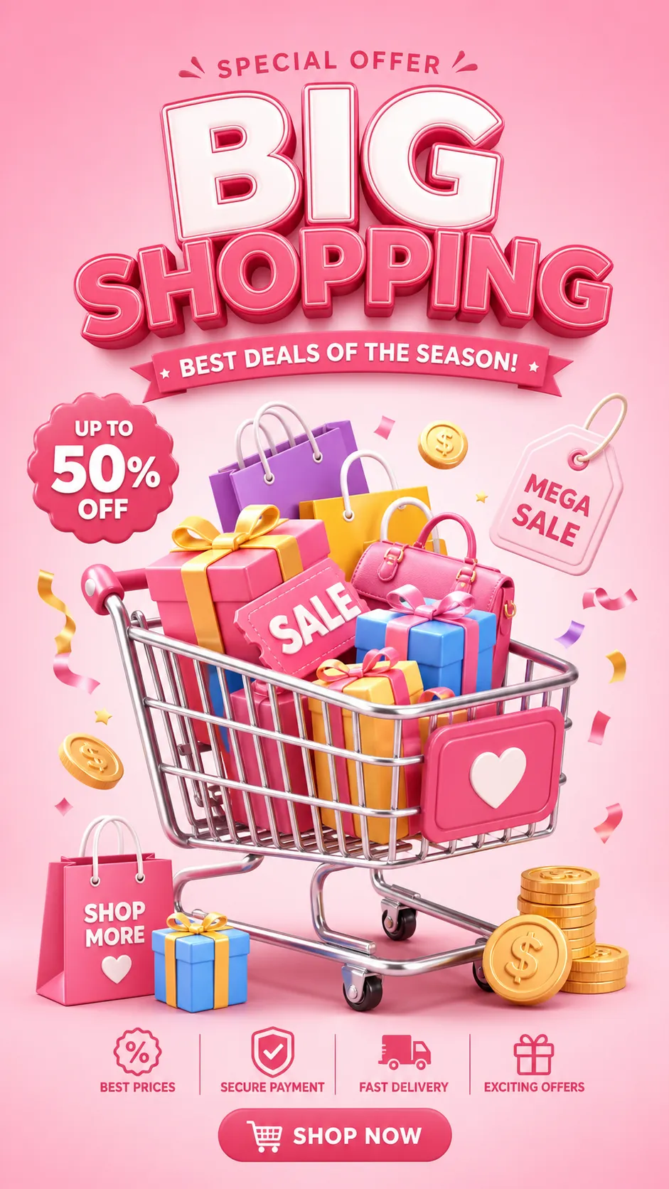 Pink Shopping Cart Overflowing with Gifts and Discounts｜AI Image Generation Prompts