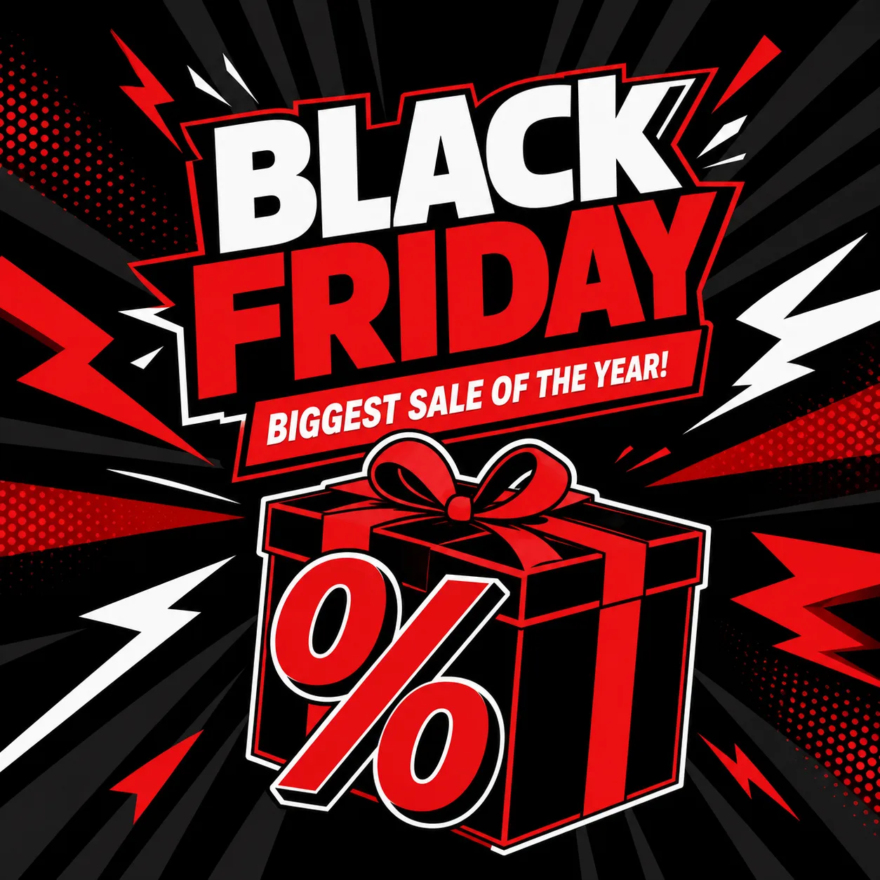 Black Friday Sale graphic with red gift box and percent sign｜AI Image Generation Prompts