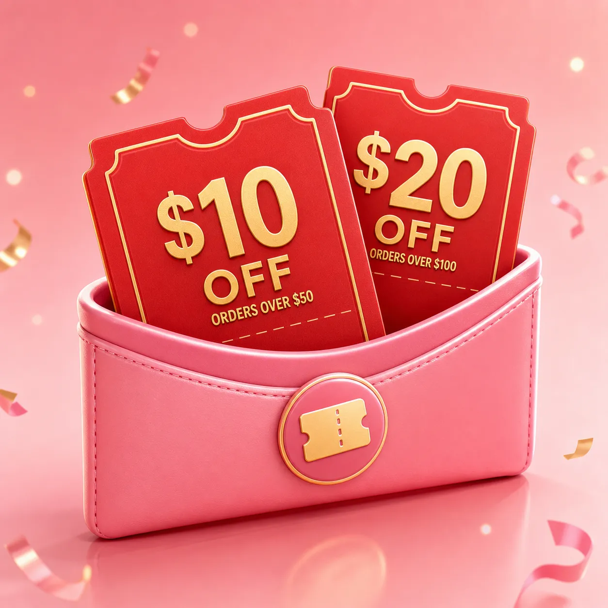 3D Pink Wallet with Red Coupon Tickets｜AI Image Generation Prompts