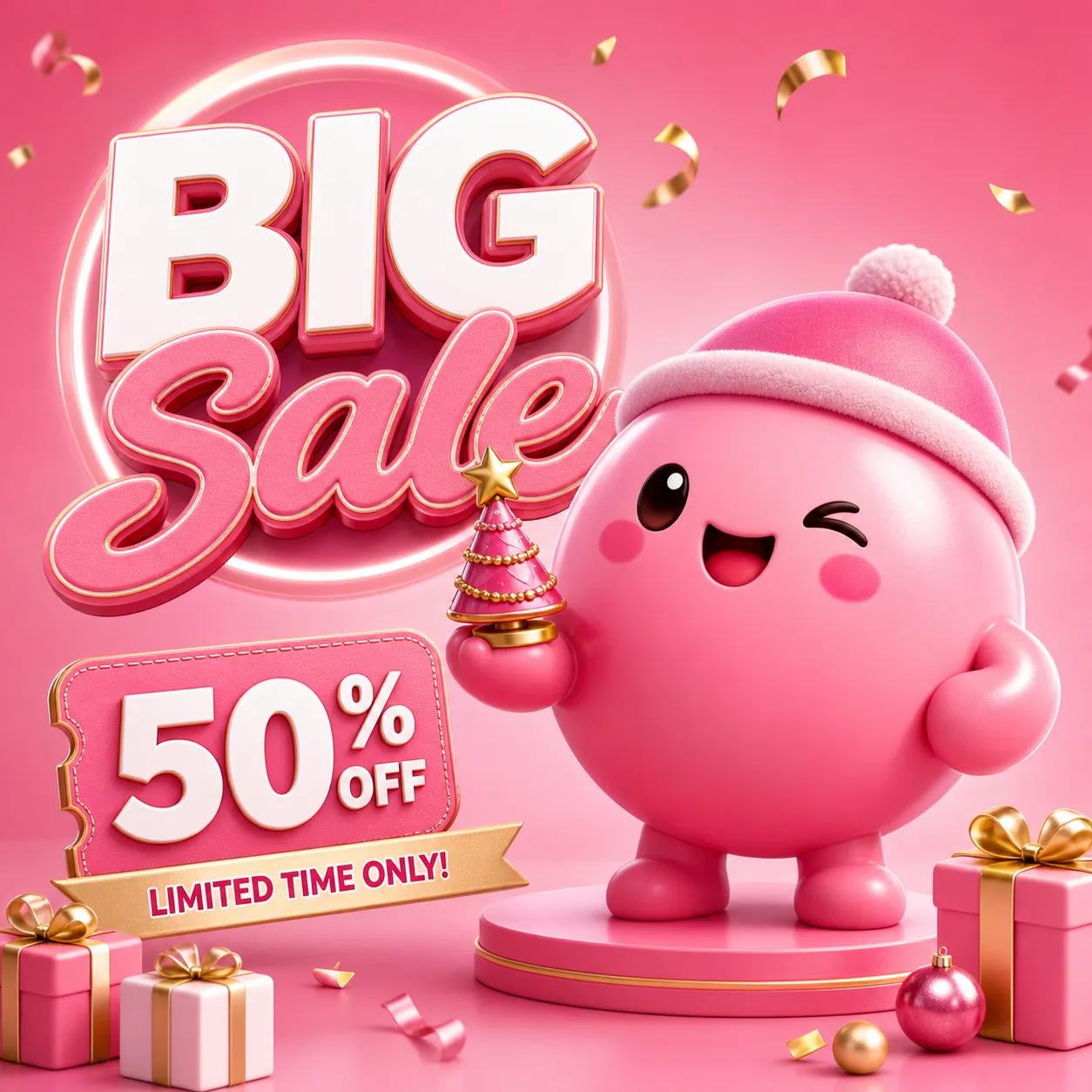 Cute pink 3D mascot holding a red envelope and gold coins.｜AI Image Generation Prompts