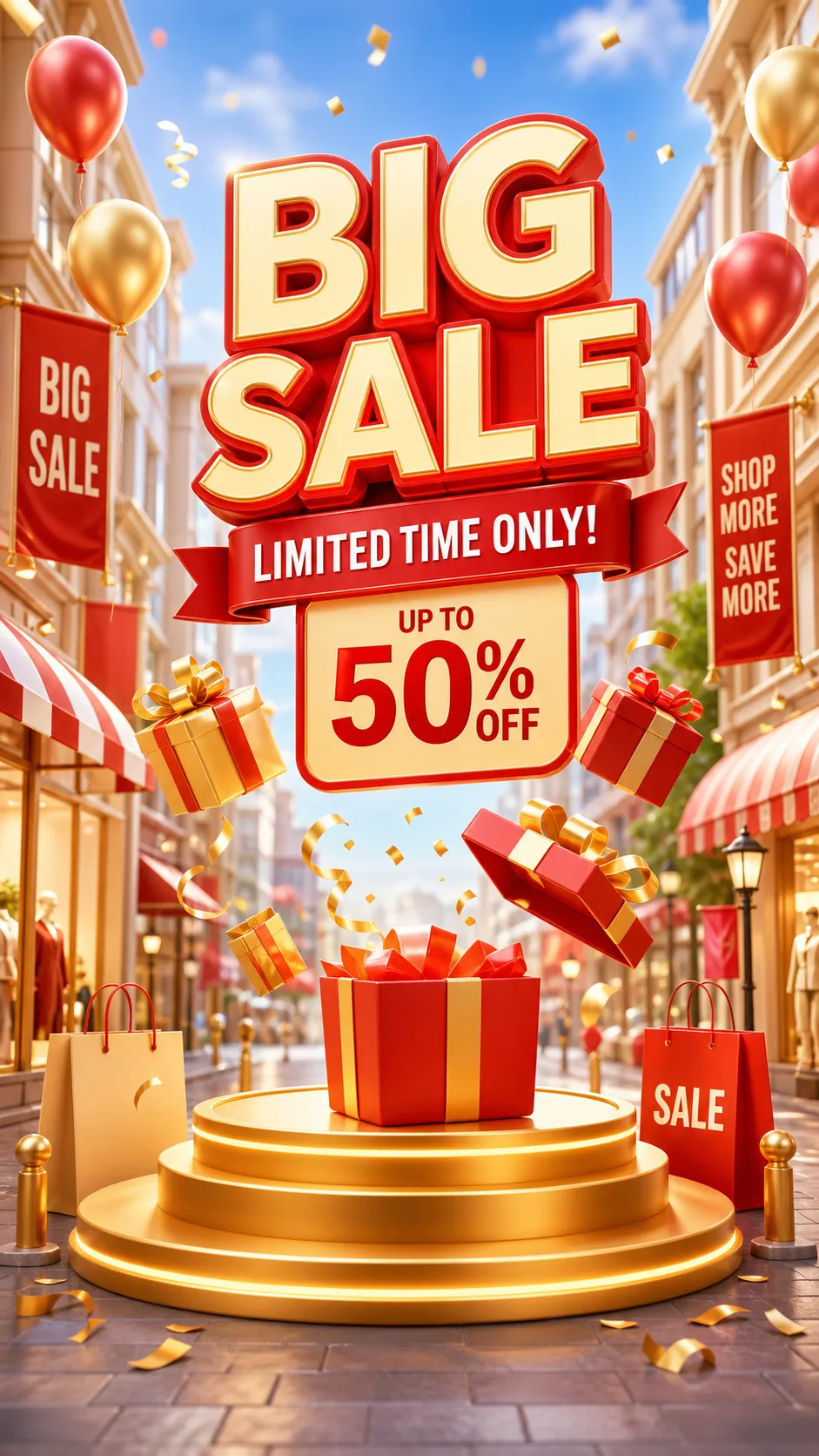 Festive 3D Shopping Street with Golden Podium and Gifts｜AI Image Generation Prompts