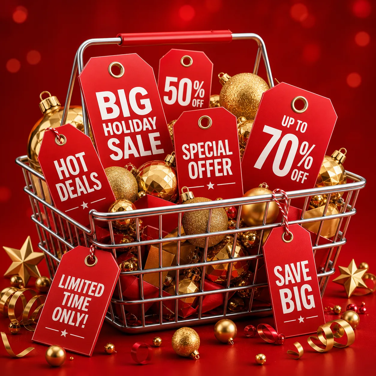 Festive shopping basket filled with gifts and gold coins｜AI Image Generation Prompts