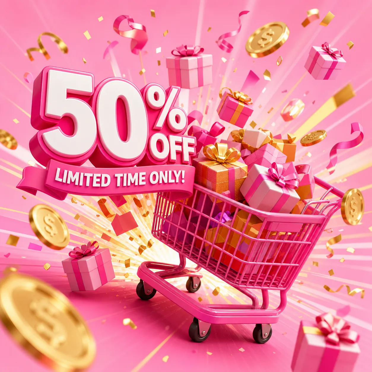 Pink Shopping Cart with Gifts and Discount Tag｜AI Image Generation Prompts