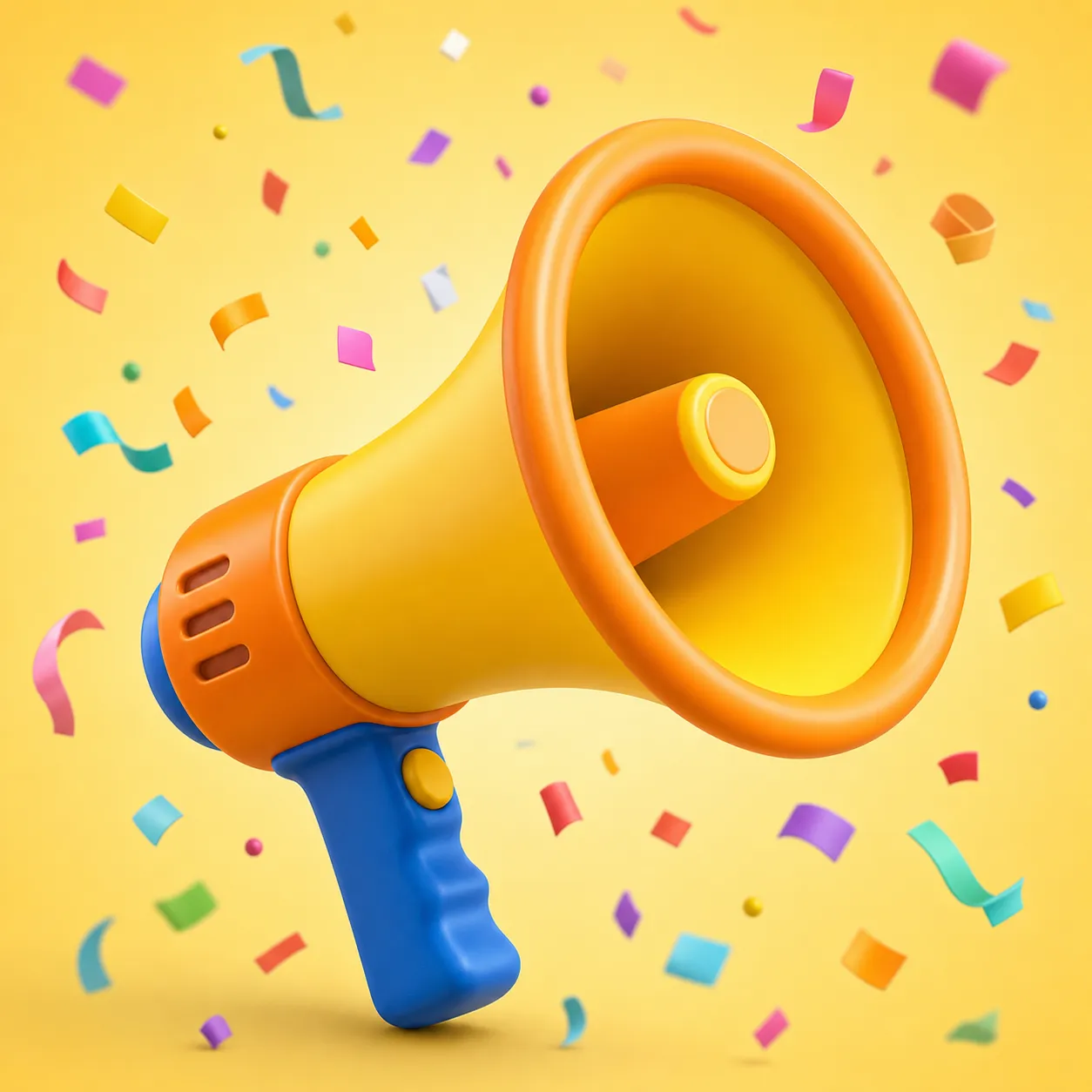 Cute 3D Cartoon Megaphone with Confetti and Stars｜AI Image Generation Prompts