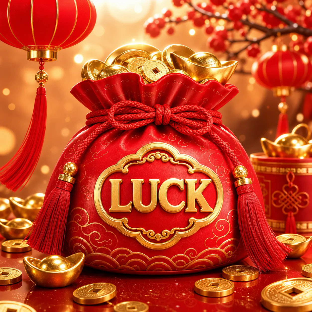 Red Lucky Bag with Gold Coins and Fortune Symbol｜AI Image Generation Prompts