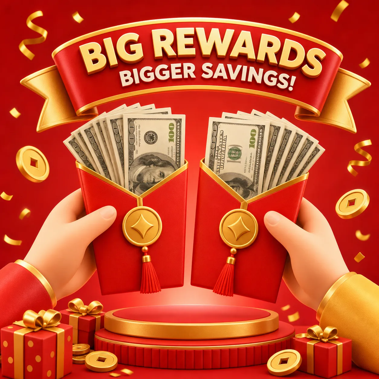 Hands Holding Red Envelopes With Money And Coins｜AI Image Generation Prompts