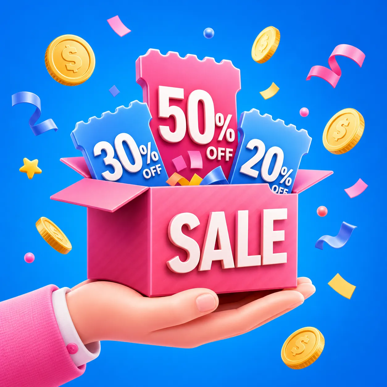 3D hand holding pink box with discount tags and coins｜AI Image Generation Prompts