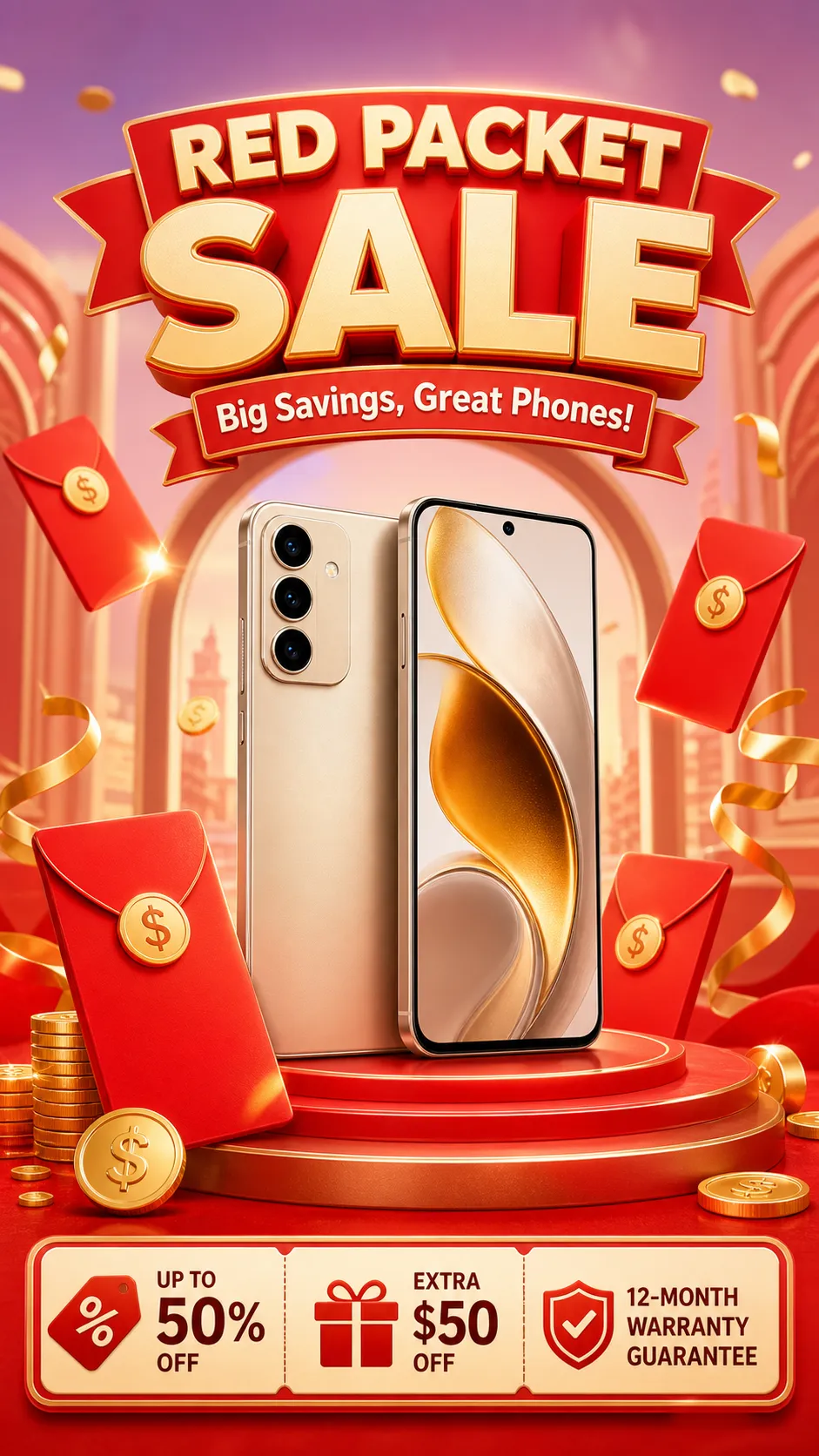 Smartphone with Red Envelopes and Gold Coins｜AI Image Generation Prompts