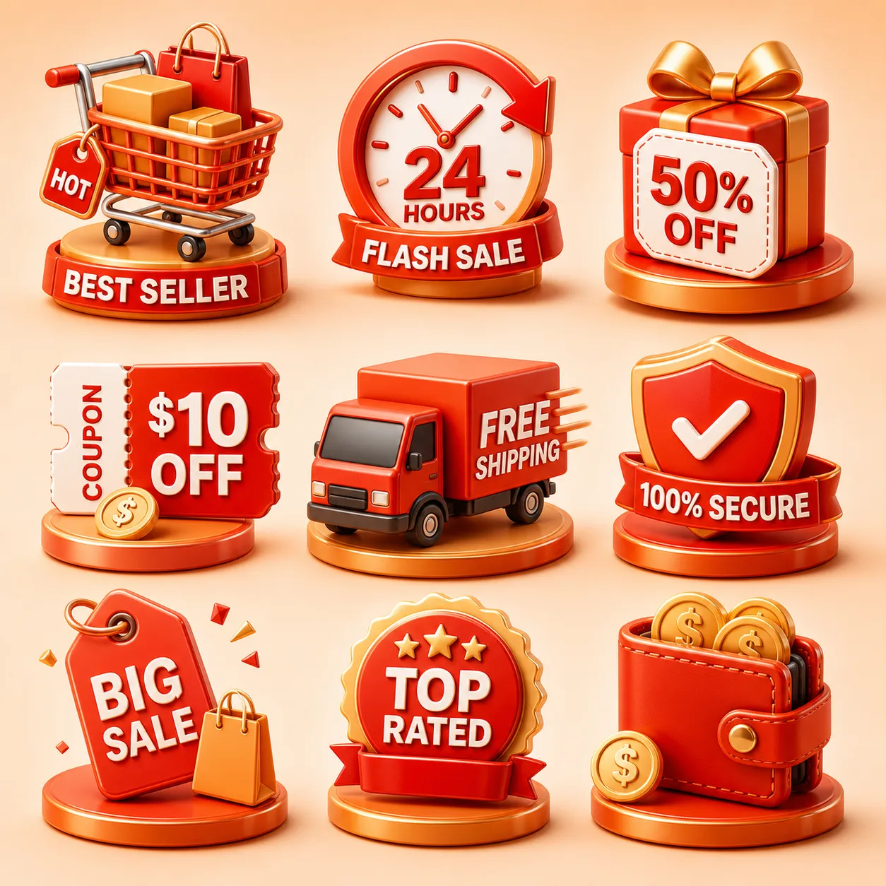 Red and Gold 3D Shopping and Sale Icons Set｜AI Image Generation Prompts