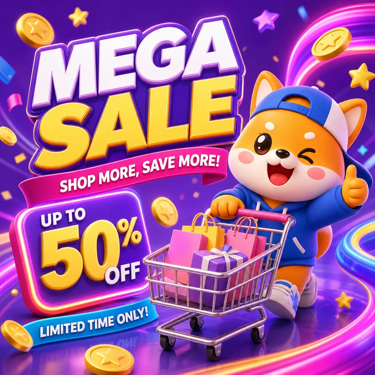 Cute pink 3D mascot pushing a shopping cart full of gifts｜AI Image Generation Prompts