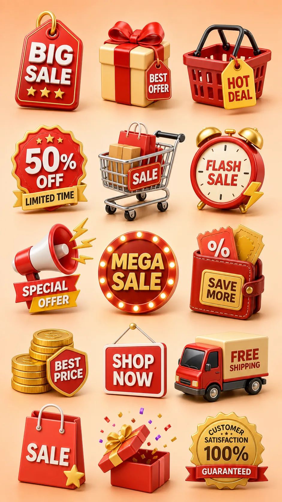 3D Shopping and Gift Icons Set with Cart and Bags｜AI Image Generation Prompts